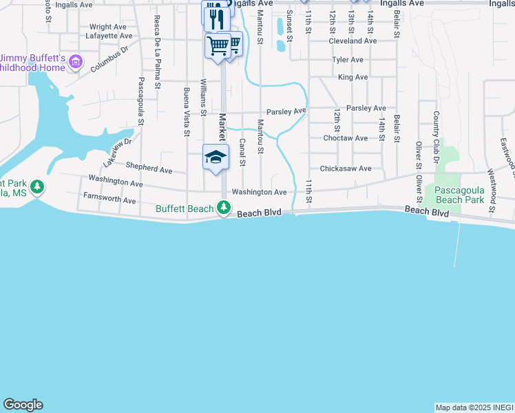 map of restaurants, bars, coffee shops, grocery stores, and more near 1709 Beach Boulevard in Pascagoula
