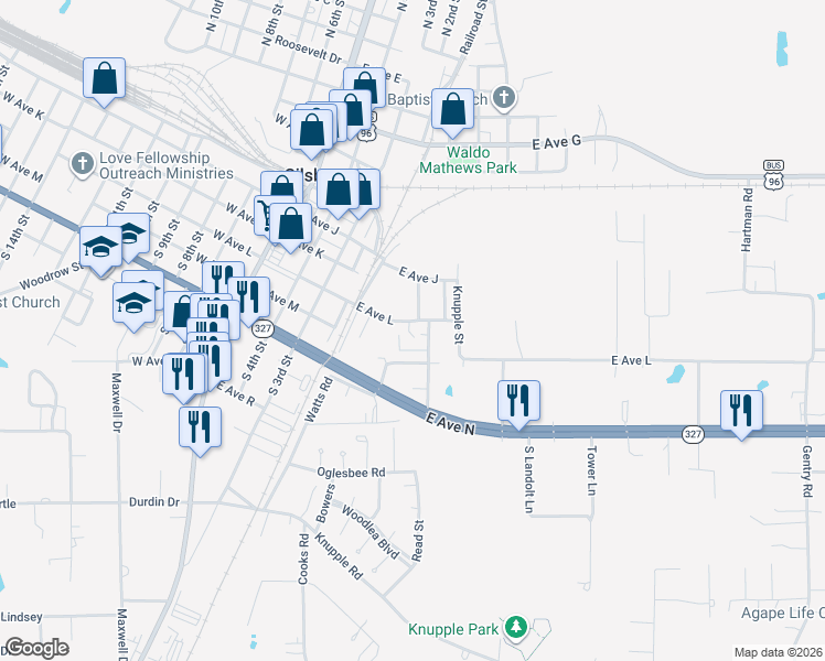 map of restaurants, bars, coffee shops, grocery stores, and more near 578 East Avenue L in Silsbee