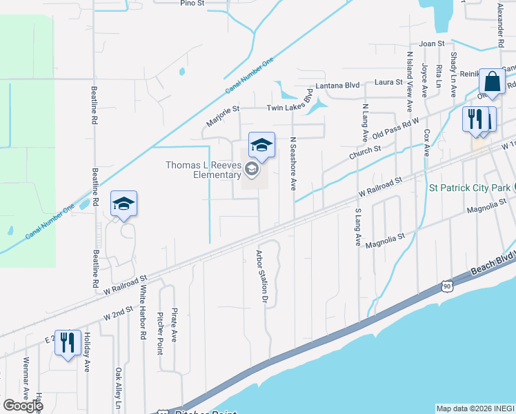 map of restaurants, bars, coffee shops, grocery stores, and more near 106 Saint Augustine Drive in Long Beach