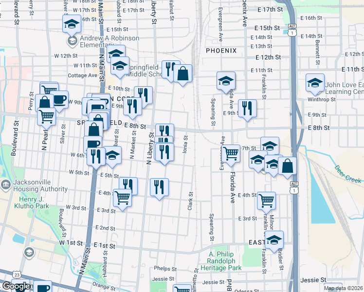 map of restaurants, bars, coffee shops, grocery stores, and more near 1636 Ionia Street in Jacksonville