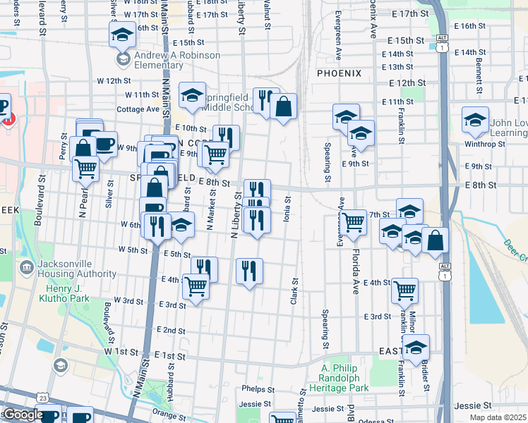 map of restaurants, bars, coffee shops, grocery stores, and more near 1637 Walnut Street in Jacksonville