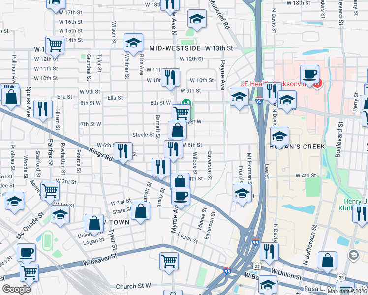 map of restaurants, bars, coffee shops, grocery stores, and more near in Jacksonville