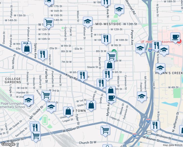 map of restaurants, bars, coffee shops, grocery stores, and more near 1431 West 5th Street in Jacksonville