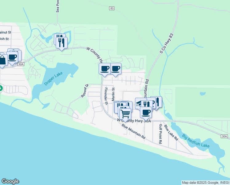 map of restaurants, bars, coffee shops, grocery stores, and more near 68 Marlin Street in Santa Rosa Beach