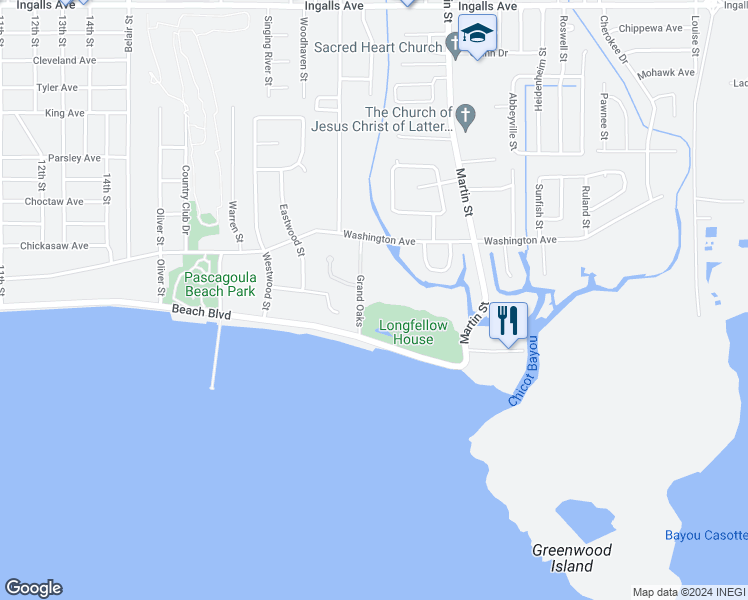 map of restaurants, bars, coffee shops, grocery stores, and more near 602 Grand Oaks Drive in Pascagoula