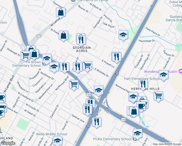 map of restaurants, bars, coffee shops, grocery stores, and more near 507 East Wonsley Drive in Austin