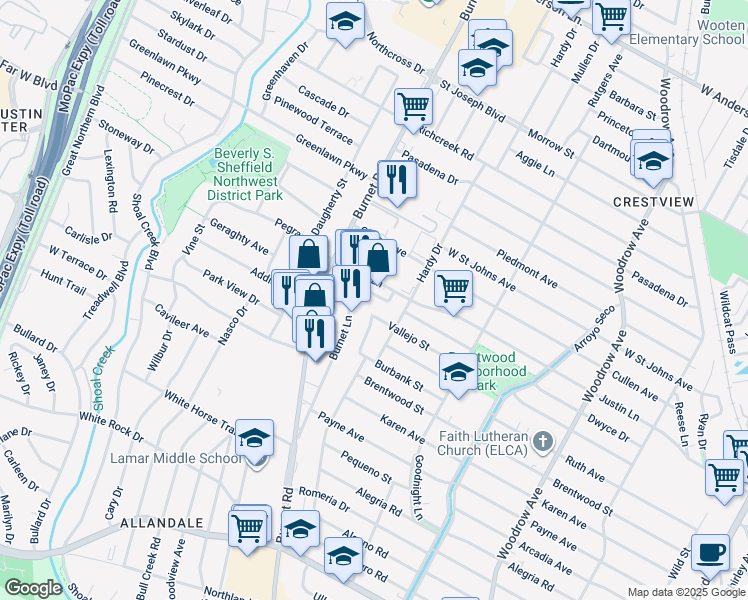 map of restaurants, bars, coffee shops, grocery stores, and more near 2008 Vallejo Street in Austin