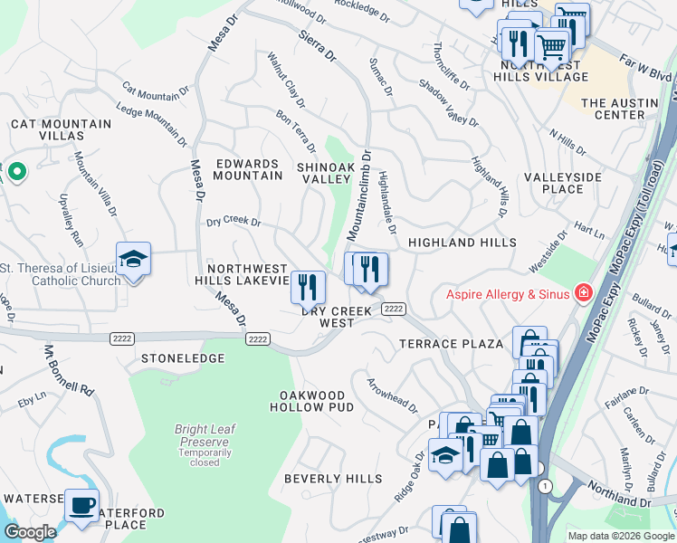 map of restaurants, bars, coffee shops, grocery stores, and more near 5821 Westmont Drive in Austin