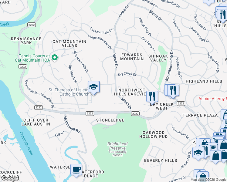 map of restaurants, bars, coffee shops, grocery stores, and more near 5811 1/2 Mesa Drive in Austin