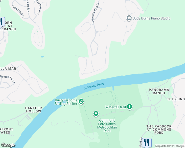 map of restaurants, bars, coffee shops, grocery stores, and more near 11713 Shoreview Overlook in Austin