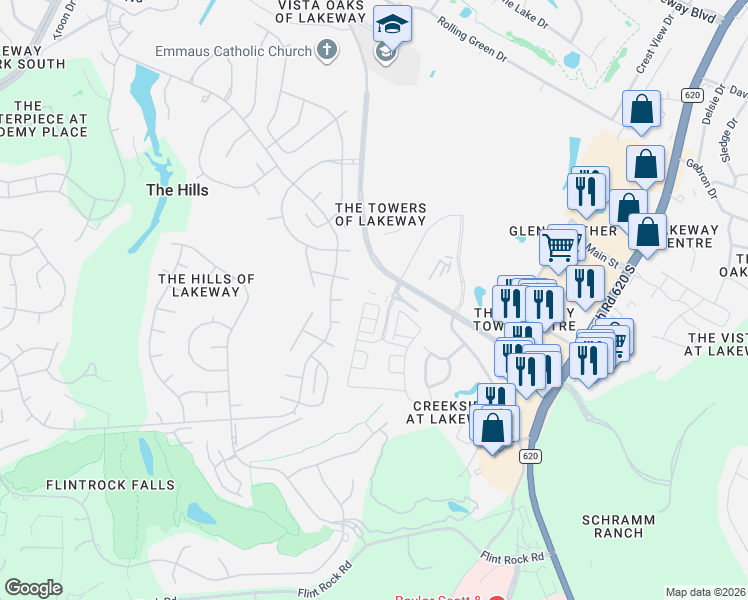 map of restaurants, bars, coffee shops, grocery stores, and more near 4 Mayleaf Cove in The Hills