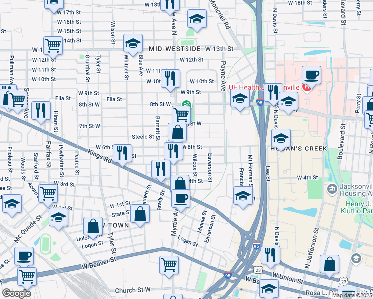 map of restaurants, bars, coffee shops, grocery stores, and more near 1258 West 6th Street in Jacksonville