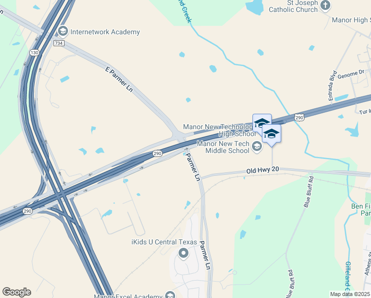 map of restaurants, bars, coffee shops, grocery stores, and more near 14334 East Parmer Lane in Manor