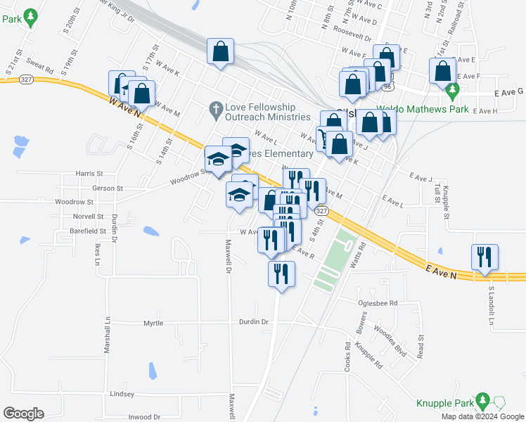 map of restaurants, bars, coffee shops, grocery stores, and more near 725 South 7th Street in Silsbee