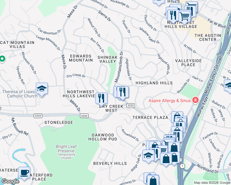map of restaurants, bars, coffee shops, grocery stores, and more near 5909 Mountainclimb Drive in Austin