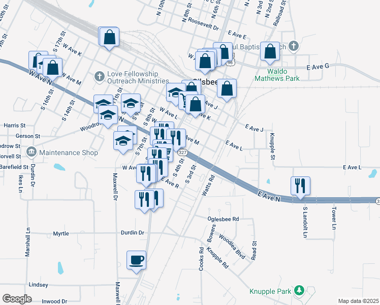 map of restaurants, bars, coffee shops, grocery stores, and more near 600 South 3rd Street in Silsbee