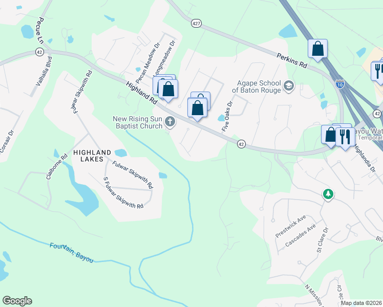 map of restaurants, bars, coffee shops, grocery stores, and more near 16820 Cherry Bark Drive in Baton Rouge