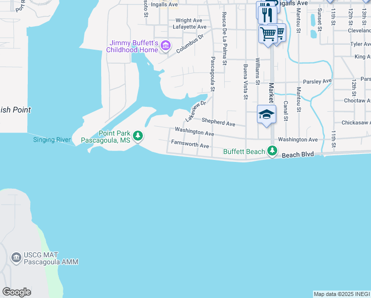 map of restaurants, bars, coffee shops, grocery stores, and more near 901 Beach Boulevard in Pascagoula