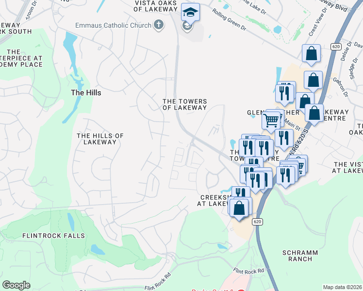 map of restaurants, bars, coffee shops, grocery stores, and more near 4 Mayleaf Cove in The Hills