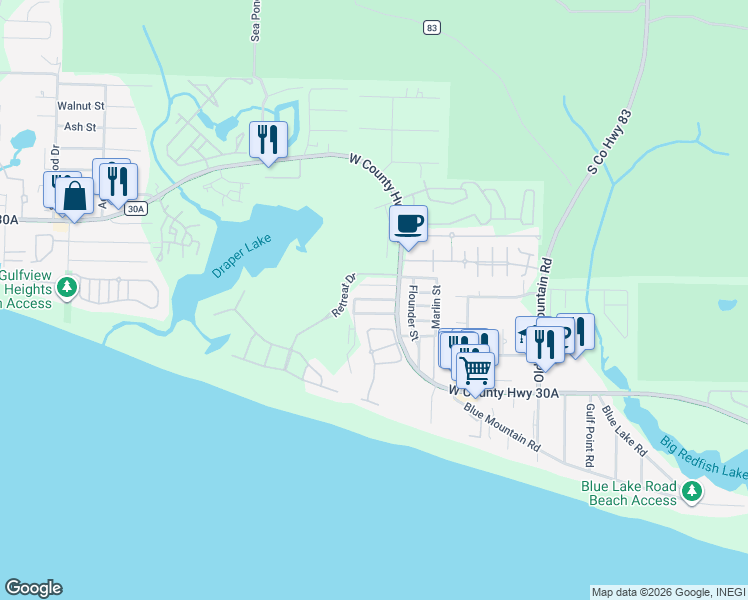 map of restaurants, bars, coffee shops, grocery stores, and more near 194 Redfish Circle in Santa Rosa Beach