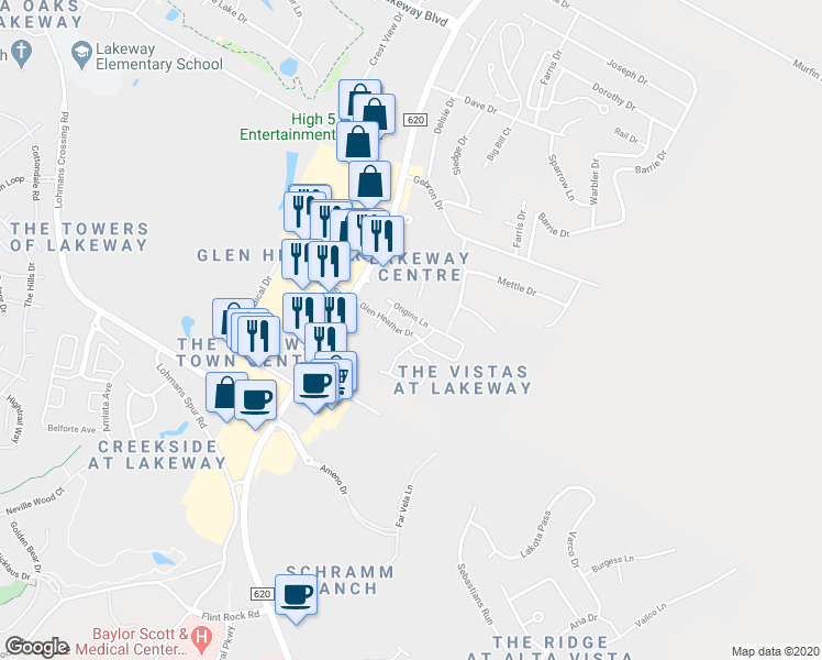 map of restaurants, bars, coffee shops, grocery stores, and more near 102 Glen Heather Court in Lakeway