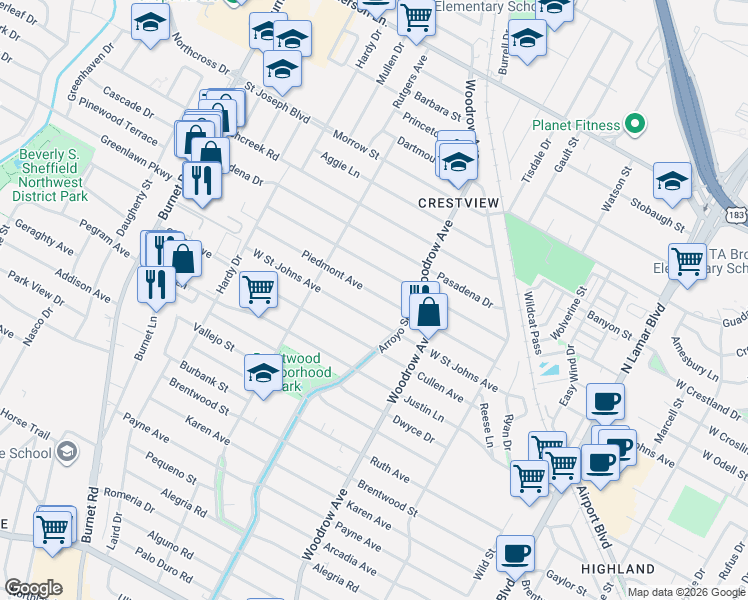 map of restaurants, bars, coffee shops, grocery stores, and more near 1517 Piedmont Avenue in Austin