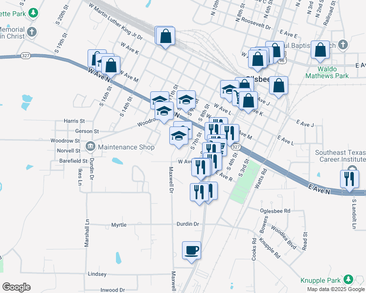 map of restaurants, bars, coffee shops, grocery stores, and more near 730 South 7th Street in Silsbee