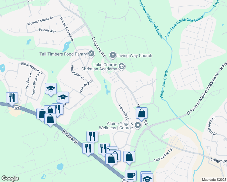 map of restaurants, bars, coffee shops, grocery stores, and more near 2062 Parnevik Place in Conroe