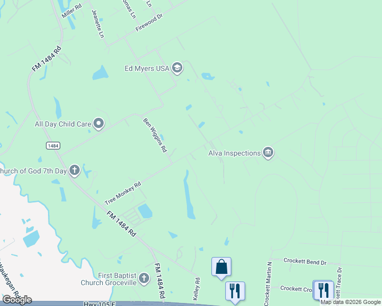 map of restaurants, bars, coffee shops, grocery stores, and more near 15836 Tree Monkey Road in Conroe