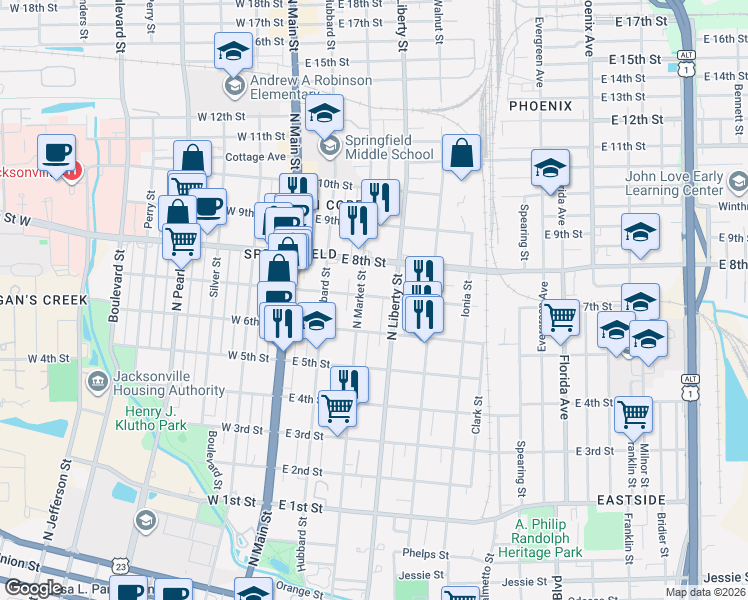 map of restaurants, bars, coffee shops, grocery stores, and more near 1631 North Market Street in Jacksonville
