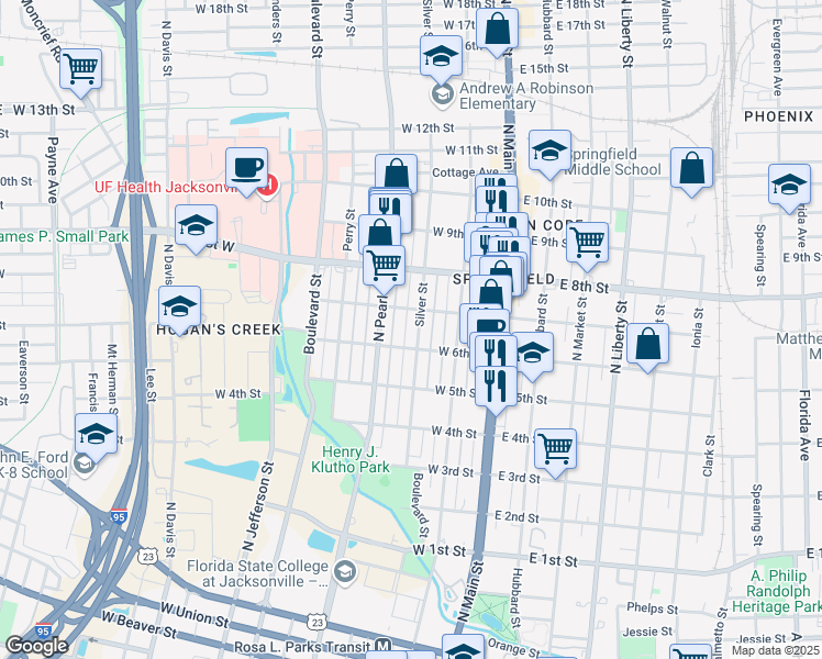 map of restaurants, bars, coffee shops, grocery stores, and more near 143 West 6th Street in Jacksonville