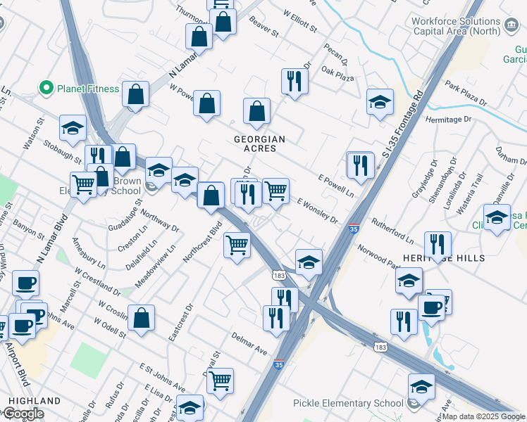 map of restaurants, bars, coffee shops, grocery stores, and more near 8001 Gessner Drive in Austin