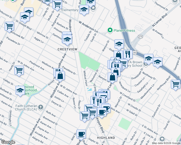 map of restaurants, bars, coffee shops, grocery stores, and more near 7425 Wolverine Street in Austin