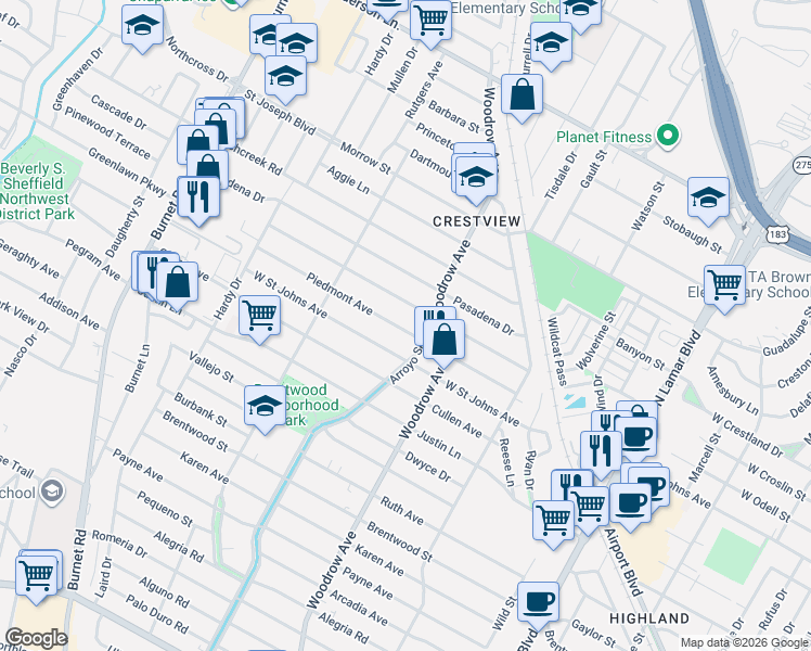 map of restaurants, bars, coffee shops, grocery stores, and more near 1505 Piedmont Avenue in Austin