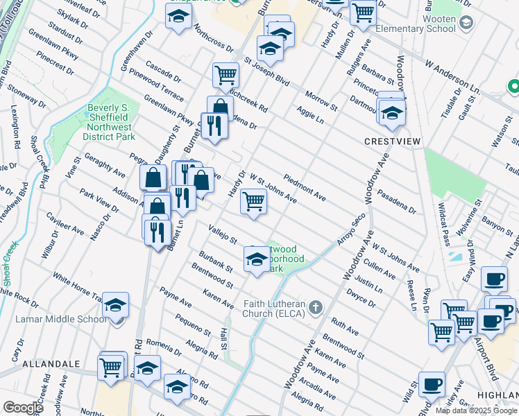 map of restaurants, bars, coffee shops, grocery stores, and more near 1900 Justin Lane in Austin