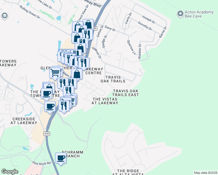 map of restaurants, bars, coffee shops, grocery stores, and more near 15103 Strader Circle in Austin