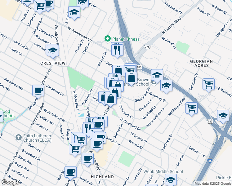 map of restaurants, bars, coffee shops, grocery stores, and more near Morrow St & N Lamar Blvd in Austin