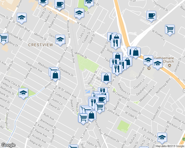 map of restaurants, bars, coffee shops, grocery stores, and more near 7511 Wildcat Pass in Austin