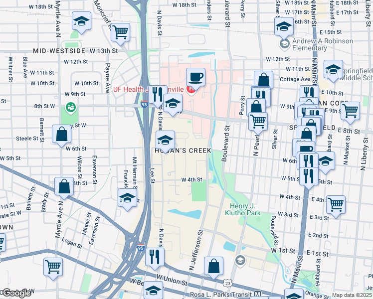 map of restaurants, bars, coffee shops, grocery stores, and more near 1557 Louisiana Street in Jacksonville
