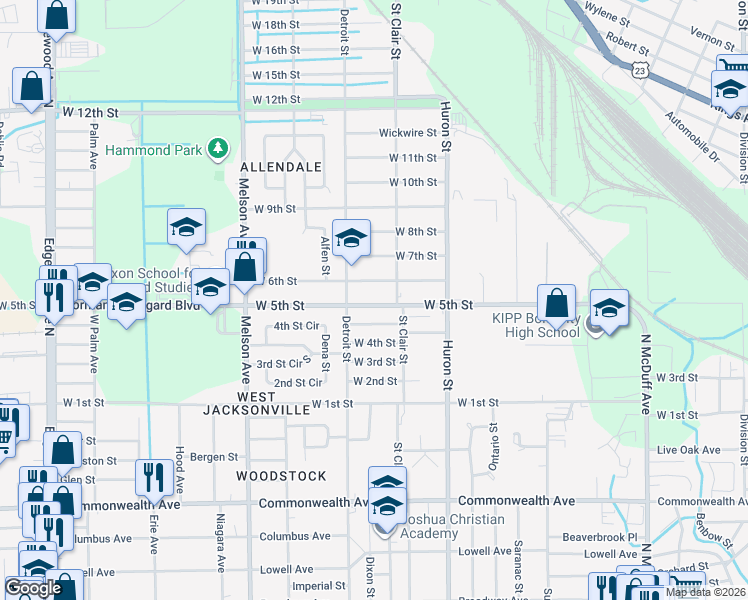 map of restaurants, bars, coffee shops, grocery stores, and more near 2932 West 5th Street in Jacksonville