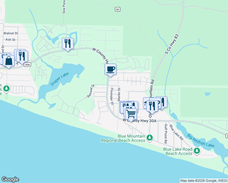 map of restaurants, bars, coffee shops, grocery stores, and more near 165 Flounder Street in Santa Rosa Beach