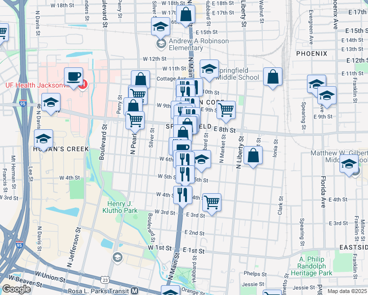 map of restaurants, bars, coffee shops, grocery stores, and more near 1623 North Main Street in Jacksonville