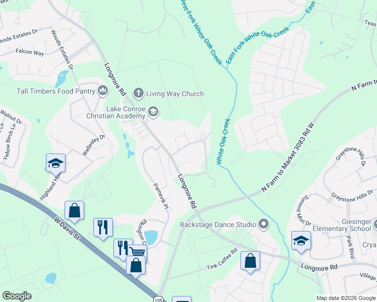 map of restaurants, bars, coffee shops, grocery stores, and more near 4477 Longwood Drive in Conroe