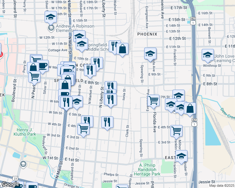map of restaurants, bars, coffee shops, grocery stores, and more near 1637 Walnut Street in Jacksonville