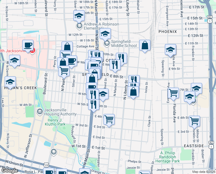 map of restaurants, bars, coffee shops, grocery stores, and more near 1621 Hubbard Street in Jacksonville
