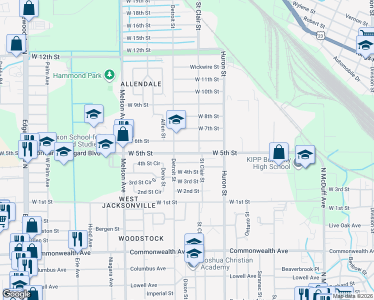 map of restaurants, bars, coffee shops, grocery stores, and more near 2932 West 5th Street in Jacksonville