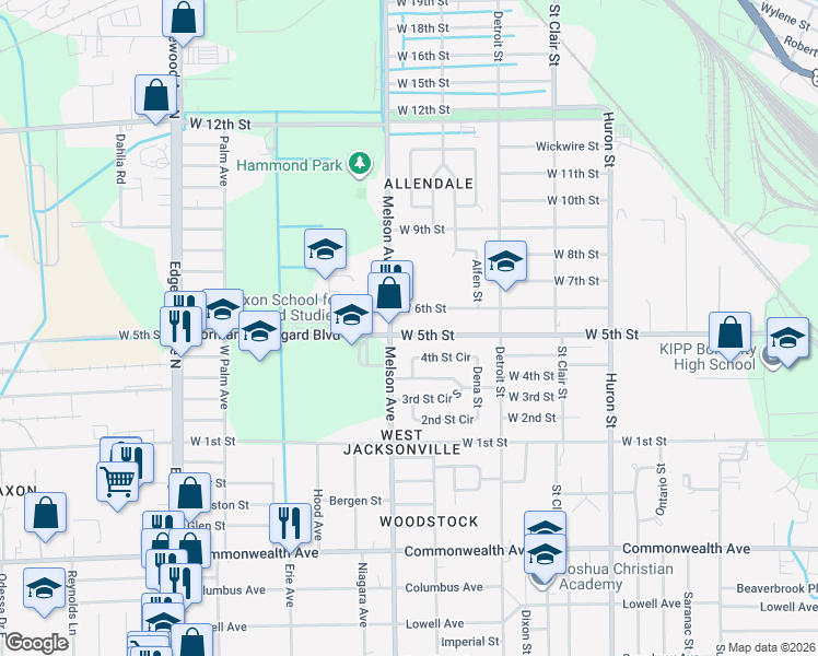 map of restaurants, bars, coffee shops, grocery stores, and more near 3126 West 5th Street in Jacksonville