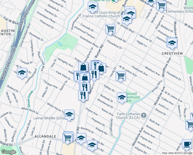 map of restaurants, bars, coffee shops, grocery stores, and more near 6710 Burnet Lane in Austin