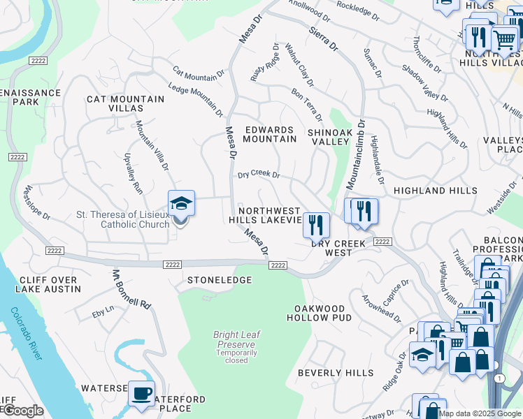 map of restaurants, bars, coffee shops, grocery stores, and more near 5811 Mesa Drive in Austin