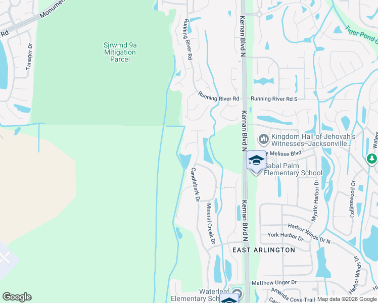 map of restaurants, bars, coffee shops, grocery stores, and more near 12192 Bittercreek Lane in Jacksonville